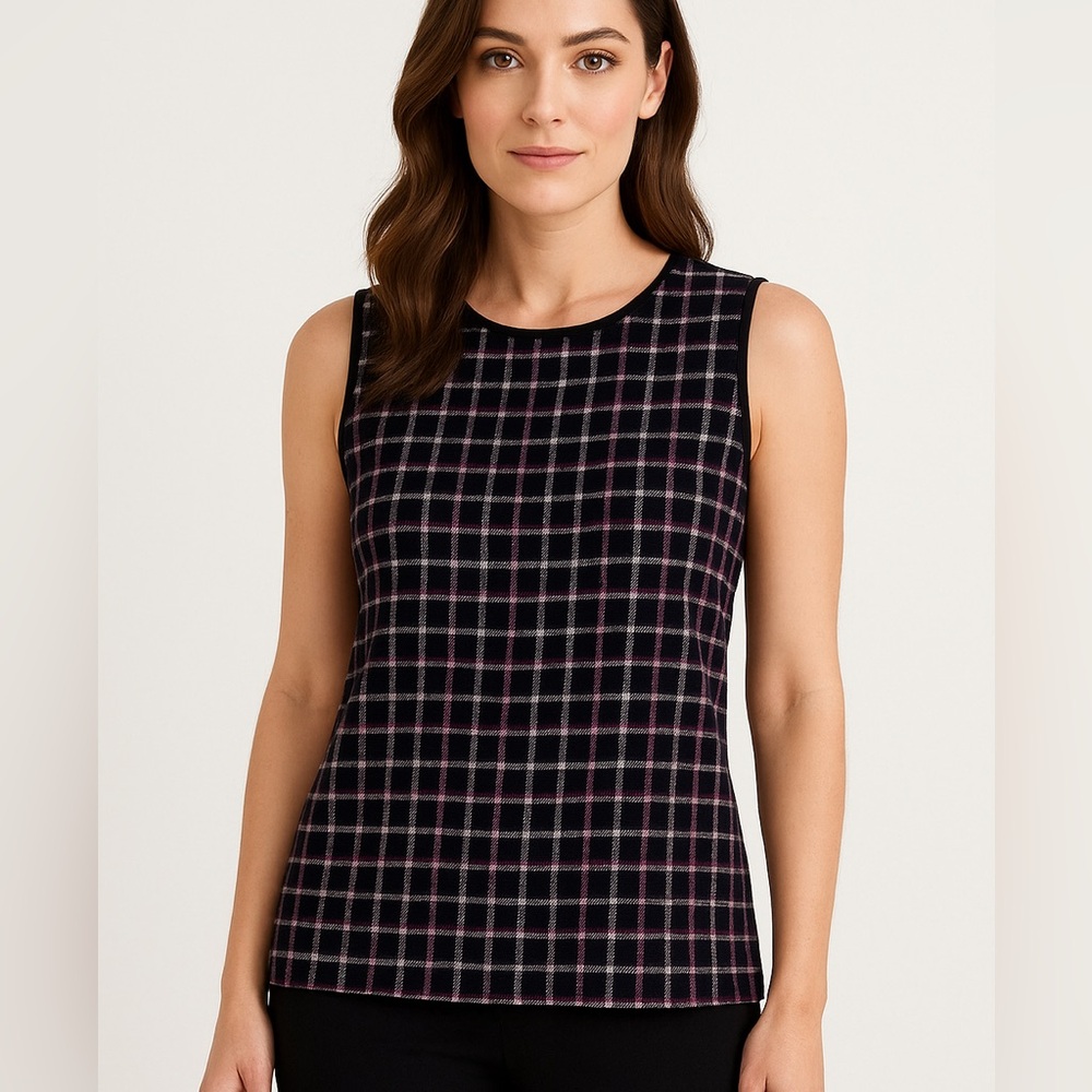 Akris Punto Glen Checkered Crew Neck Sleeveless Knit Top Plaid
